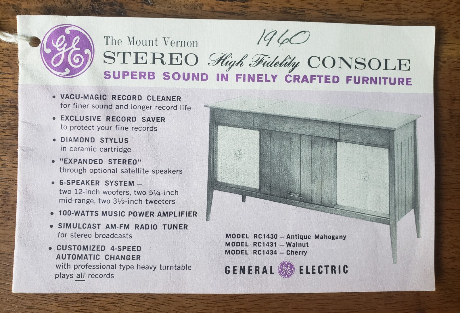 1960 GE Console Stereo Phonograph User Manual Operating Instruction Mount Vernon