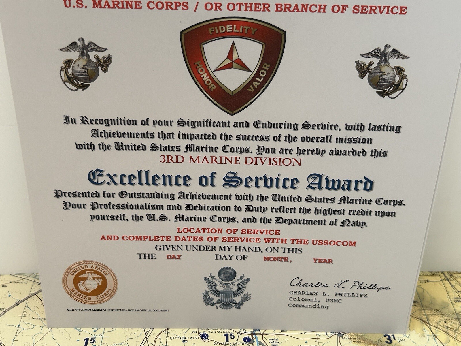 U.S. MARINE CORPS / 3RD MARINE DIVISION - EXCELLENCE OF SERVICE AWARD