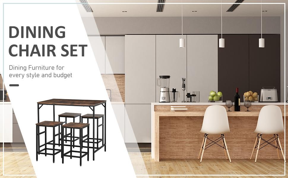 5-Piece Industrial Dining Table Set, Bar Table & 4 Stools Set, Space Saving for