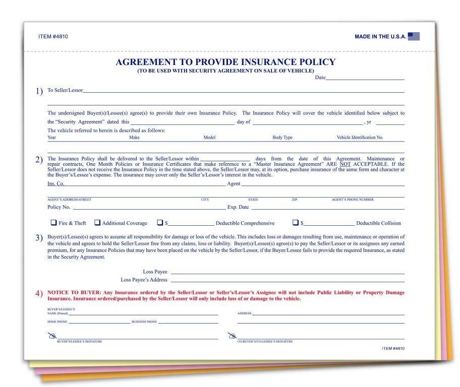 AGREEMENT TO PROVIDE INSURANCE POLICY - QTY. 100 / Item # 4810