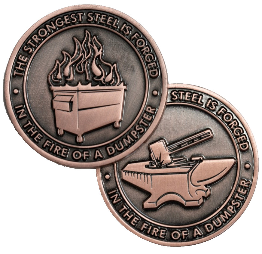 Copper Dumpster Fire Challenge Coin - Two sided design - Case And Bag Included