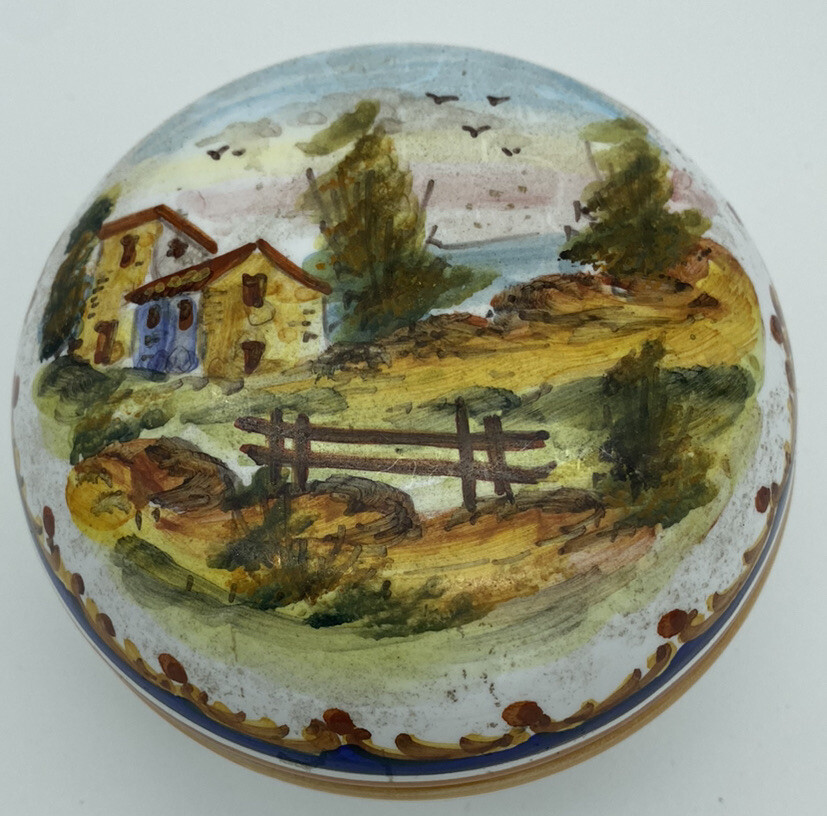 VTG Italian Hand Painted Ceramic Covered Dish Cottage Ocean Birds Trinket Box
