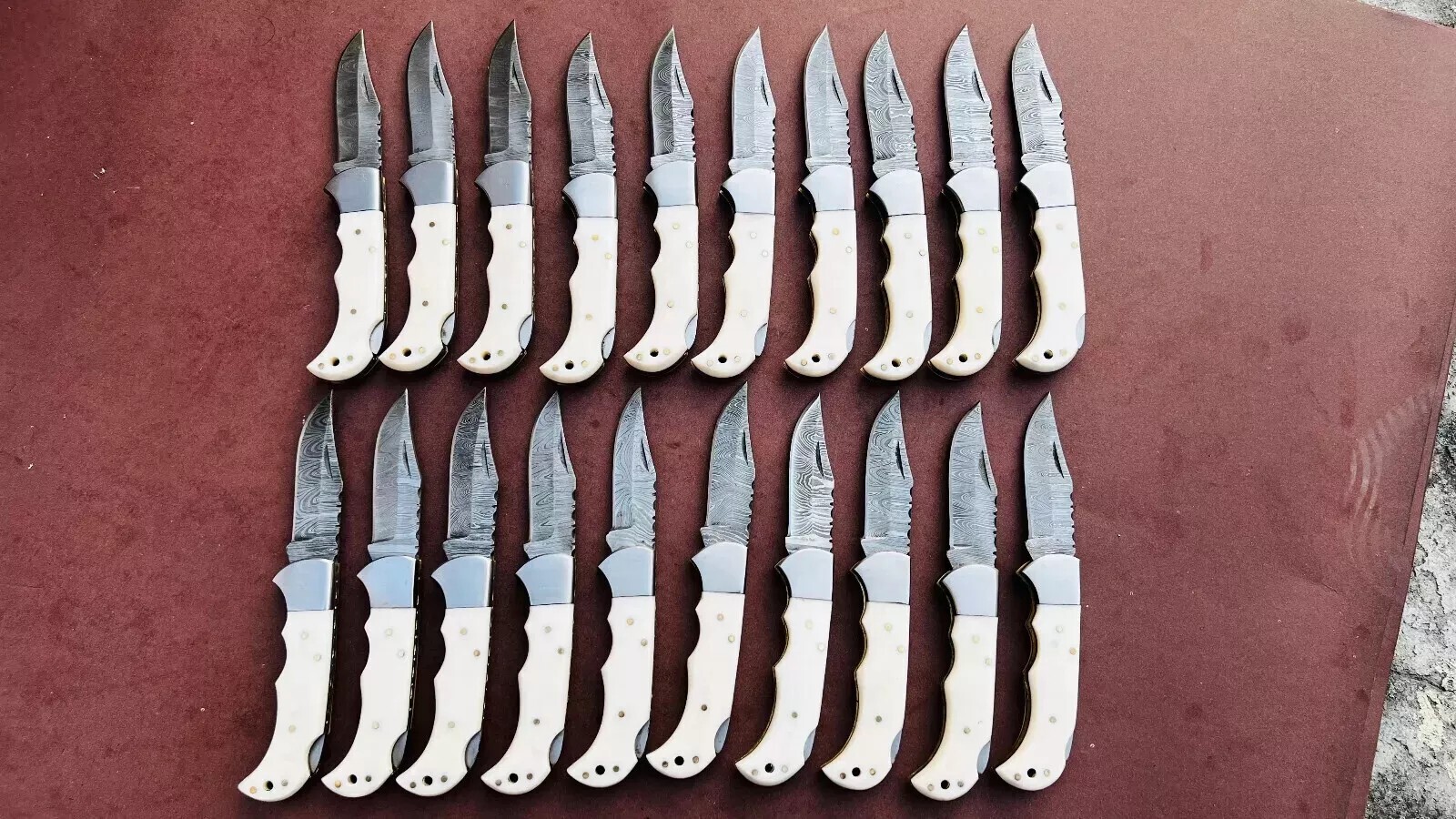 SET OF 30PCS HANDMADE DAMASCUS FOLDING KNIVES, BONE HANDLE & SHEATH