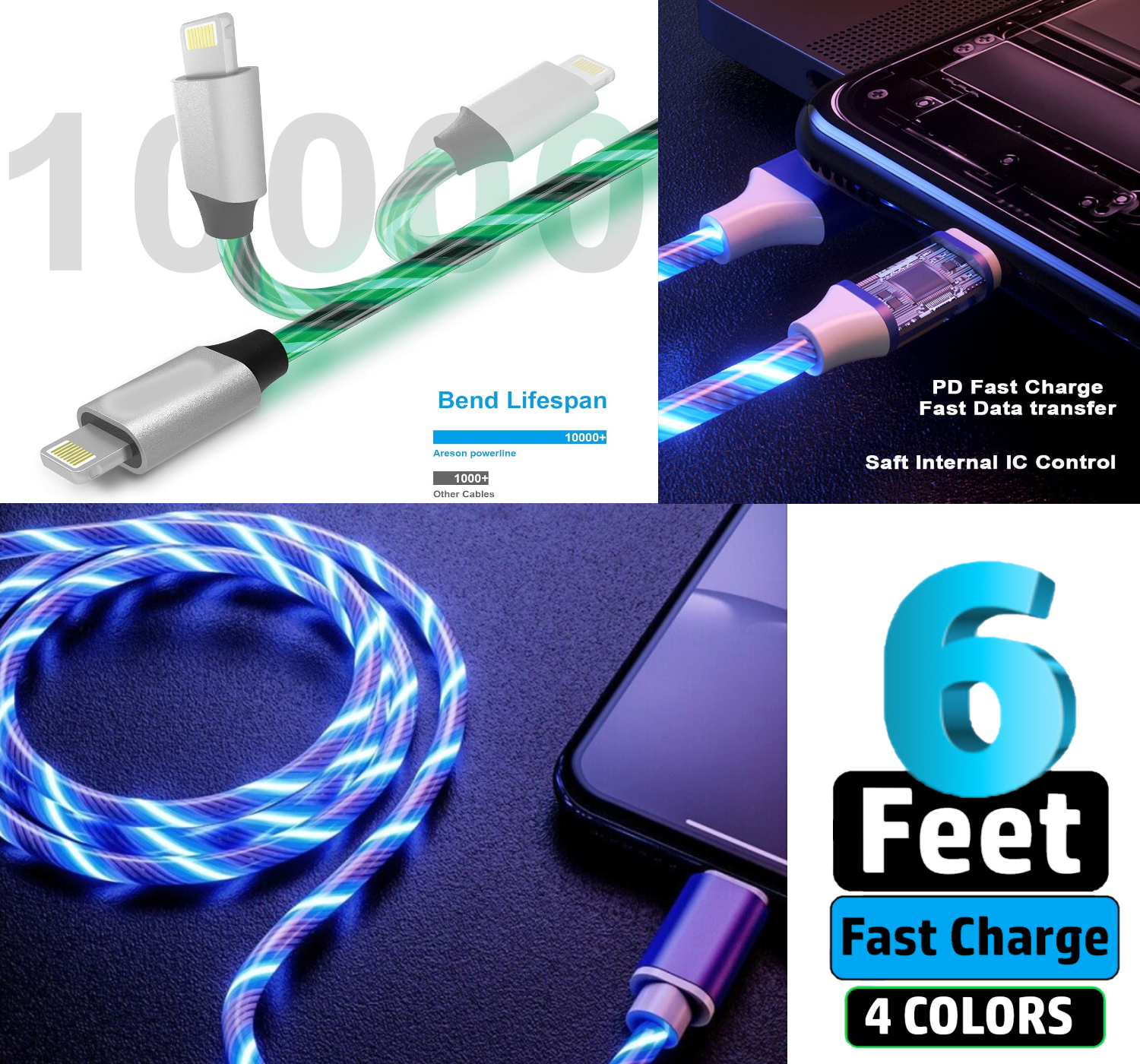 2 Pack 6ft LED Fast Charge 8 Pin Cable for Apple iPhone 13 12 11 X XR XS Pro Max