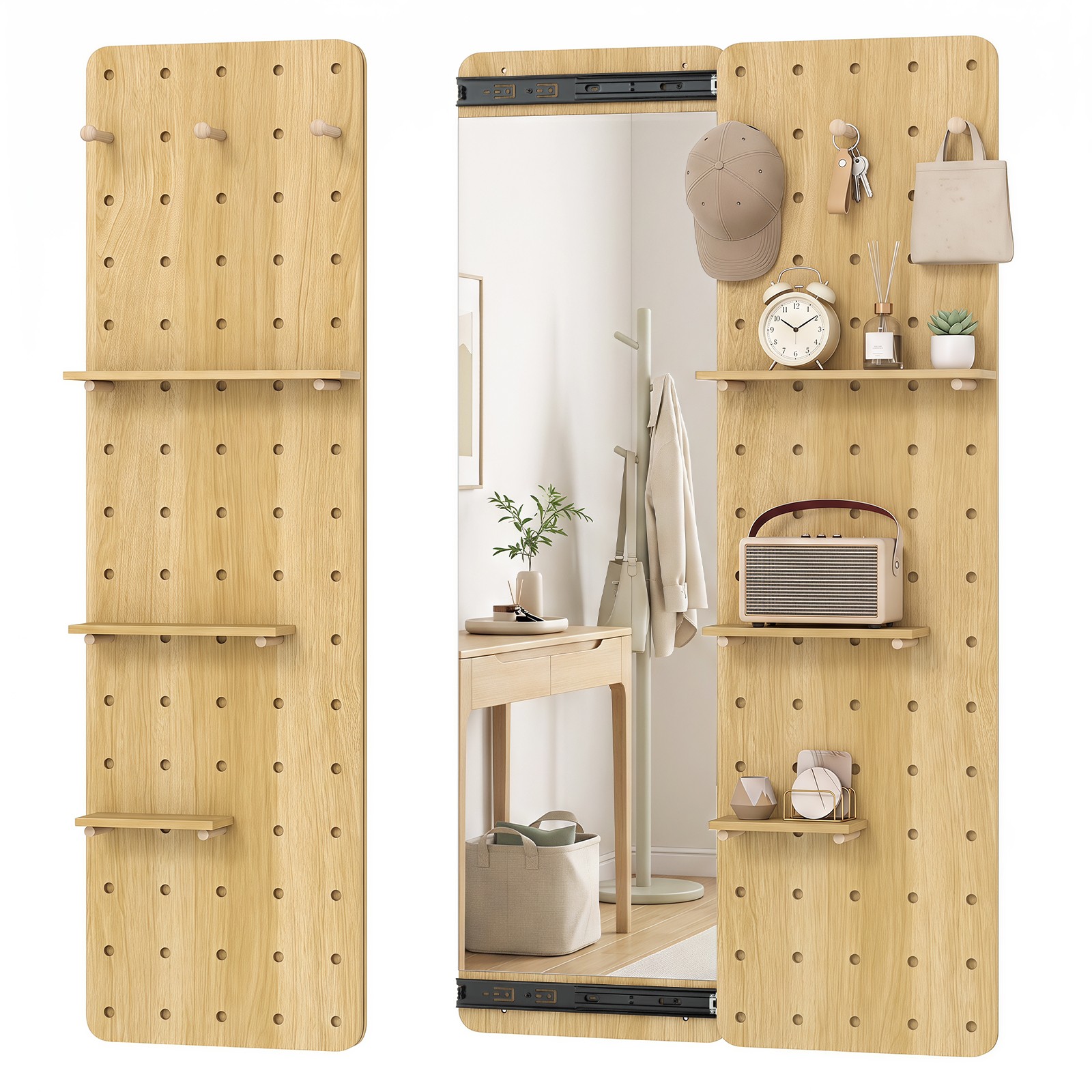 Solid Wood Full Length Mirror & Pegboard Storage Organizer w/Sliding Pegboard