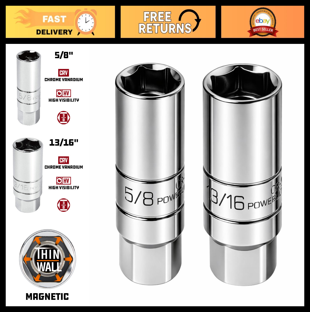 Magnetic Spark Plug Socket Set - 3/8" Drive, 5/8" & 13/16" Deep Thin Wall Socket