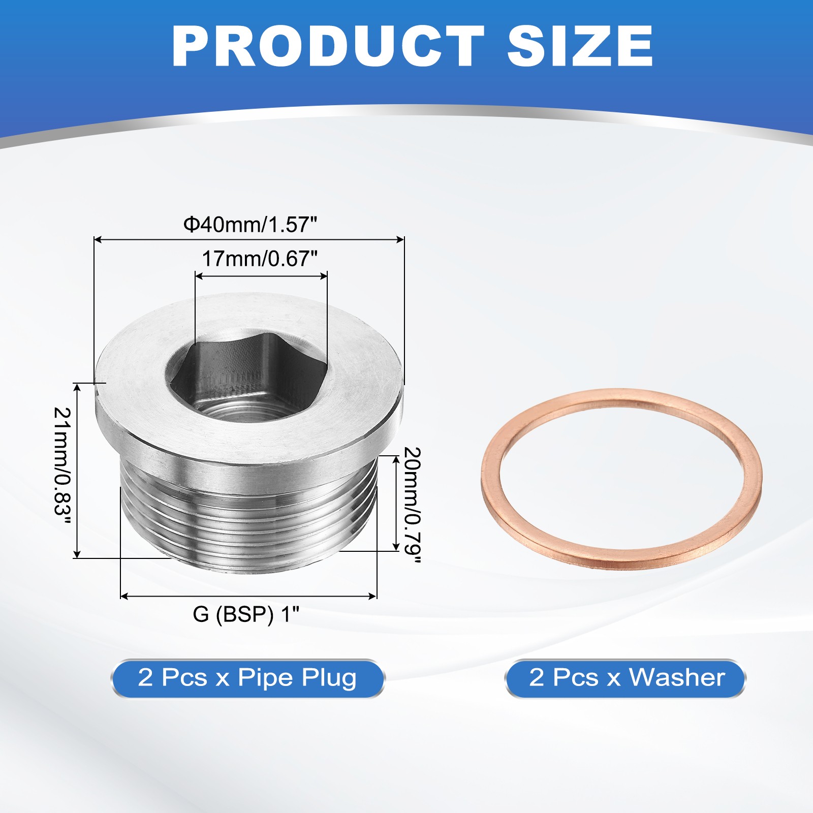 2 Pcs 1" BSP Pipe Plug Fitting, Internal Hex Head Socket 304 Stainless Steel