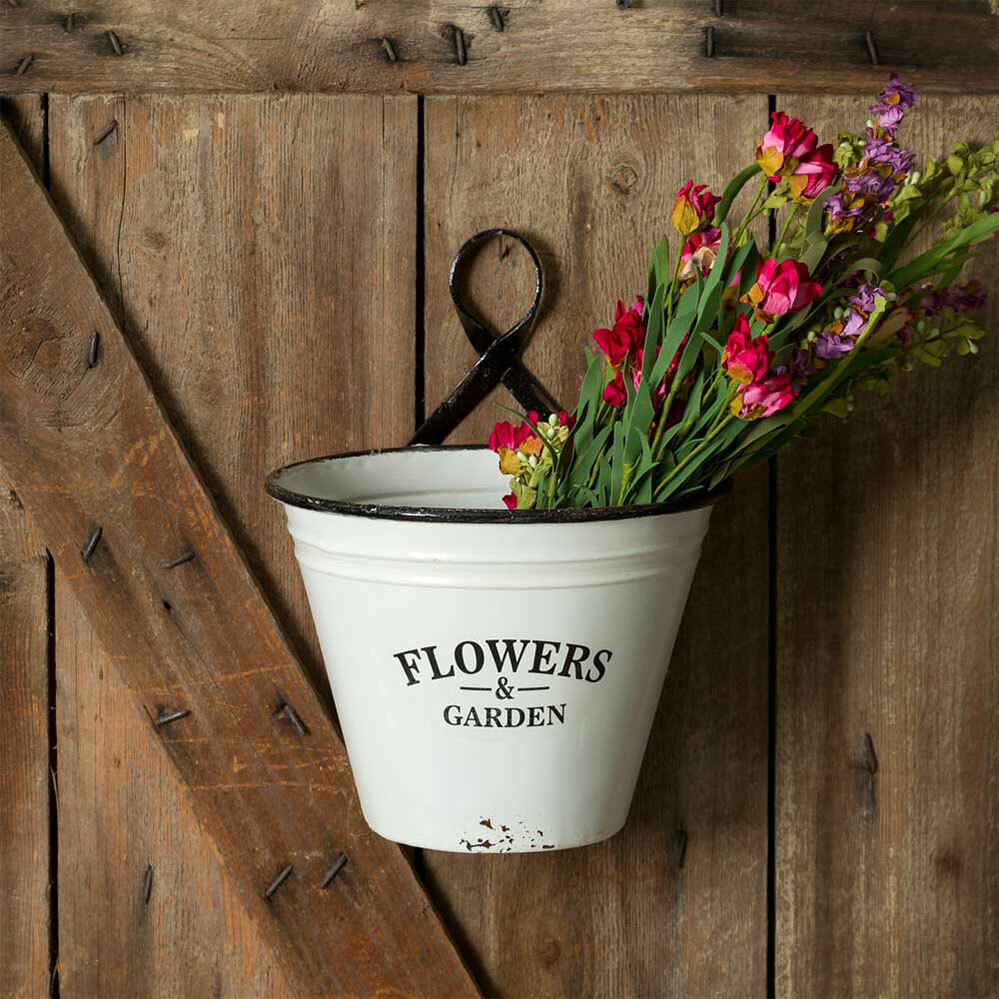 Flowers & Garden Enamelware Wall Bucket / Planter 10.5" Diameter x 13.25" High
