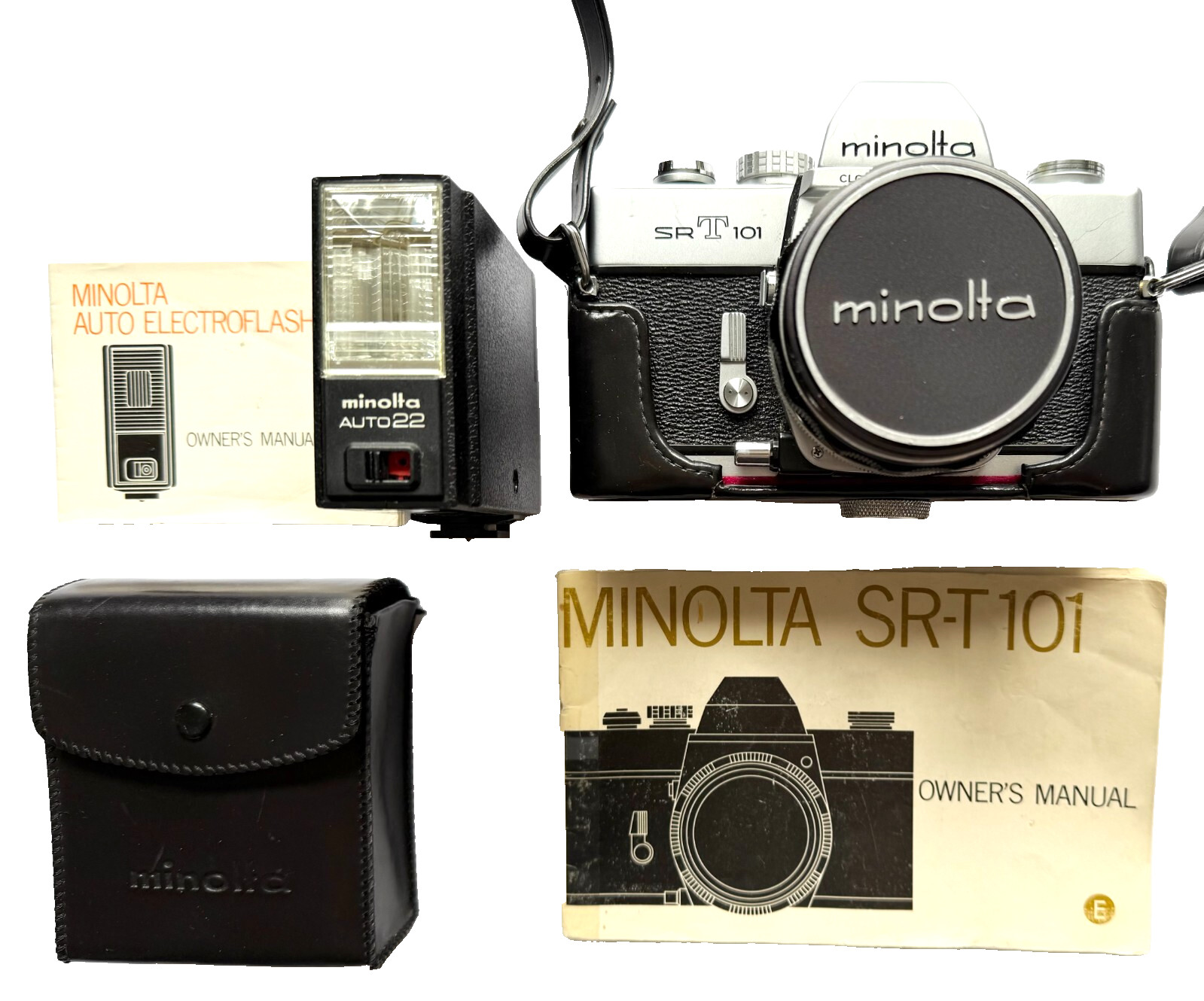 EXCELLENT MINOLTA SRT101 BLACK SLR 35mm FILM CAMERA WITH AUTO ELECTROFLASH JAPAN