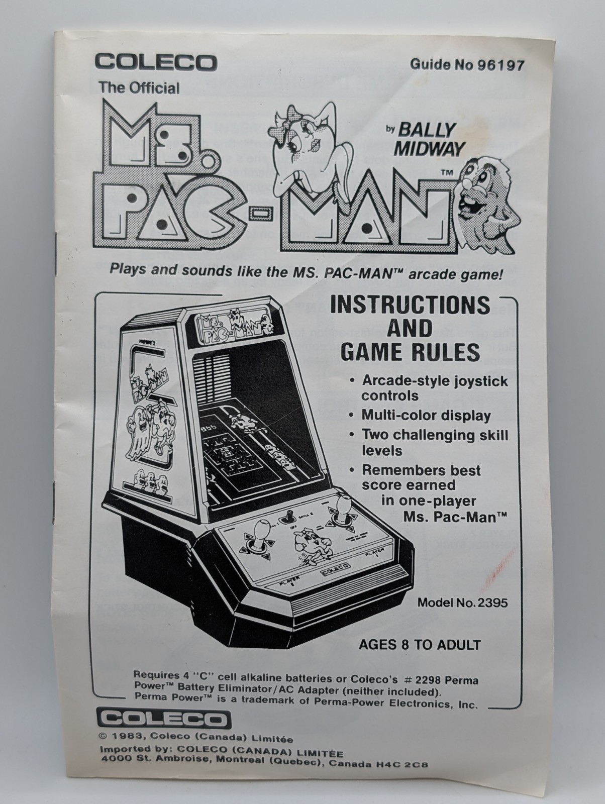 Coleco Ms. Pac-Man, Bally Midway Arcade Game 1983 Instruction Manual Guide Only