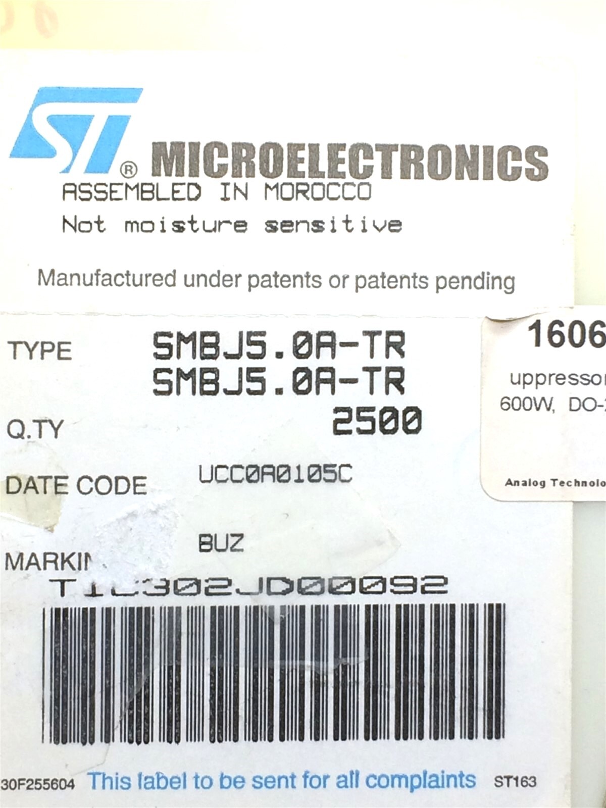 SMBJ5.0A-TR ST MICRO SMBJ5.0A TVS DIODE 5V 13.4V SMB 40 PIECES