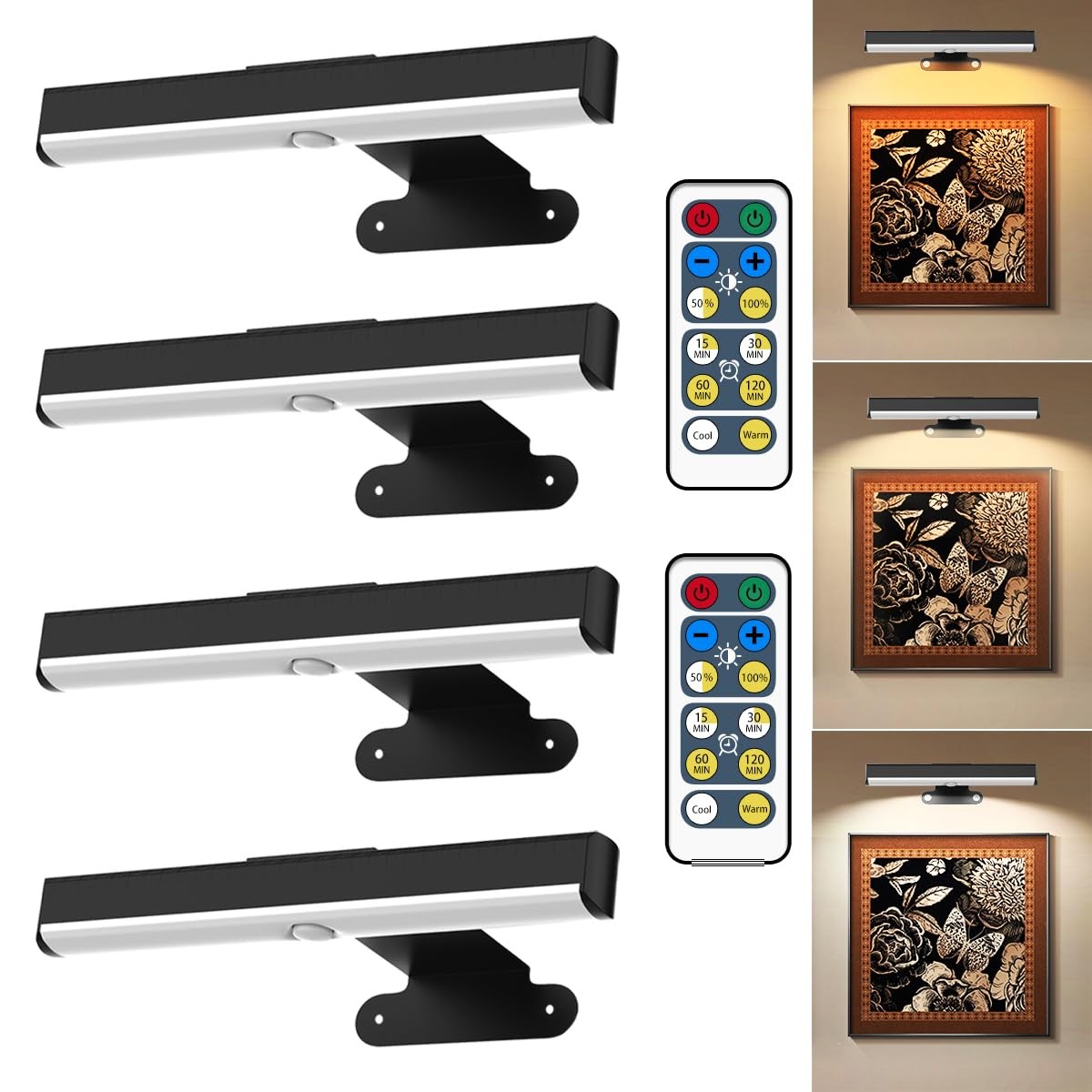 Wireless Picture Light with Remote Battery Operated Dimmable LED 4 Pack