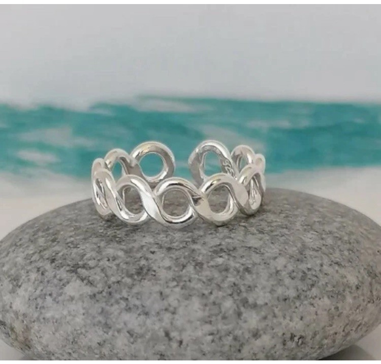Solid Metal 925 Sterling Silver Infinity Adjustable Toe Ring White Gold Plated