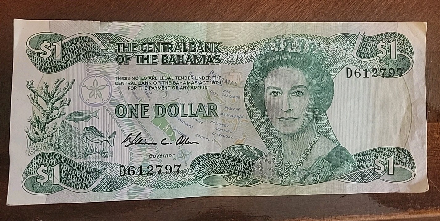 1974 Bahamas 1 Dollar Banknote Queen Elizabeth II as pictured D612797