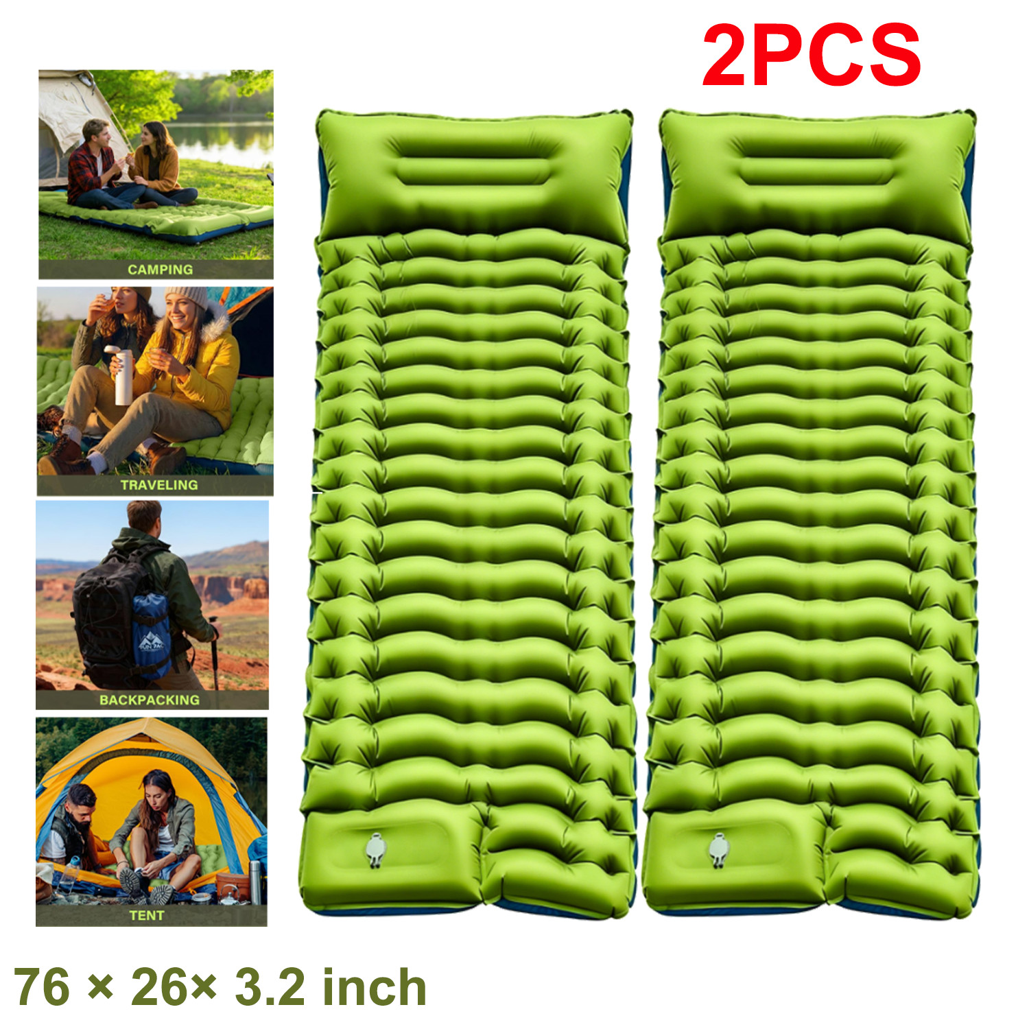 2PCS Camping Inflatable Sleeping Pad Foot Pump Ultralight Air Mat With Pillow