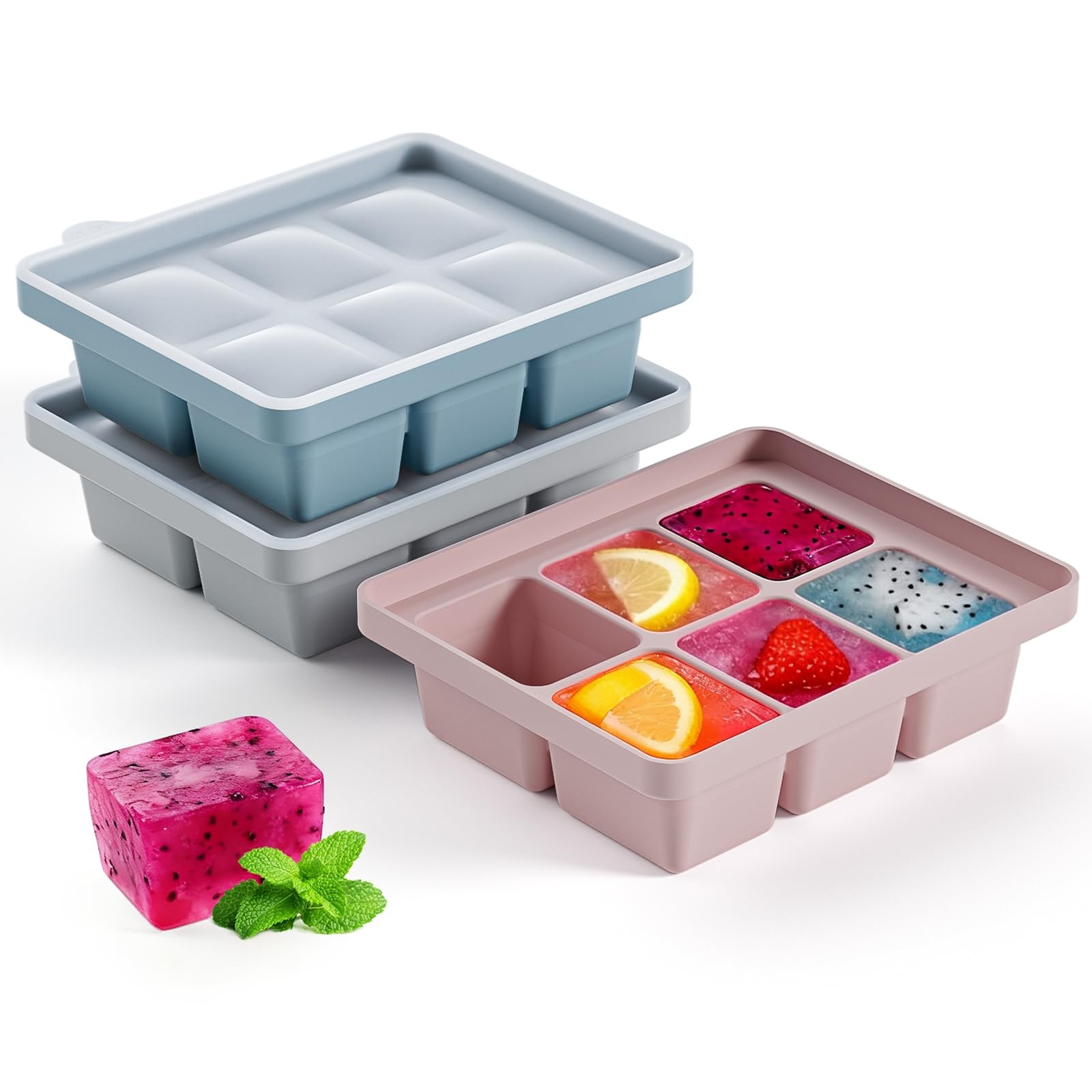 Large Silicone Ice Cube Tray Set of 3, 6 x 4.92 x 1.78 inches, Blue+Grey+Pink