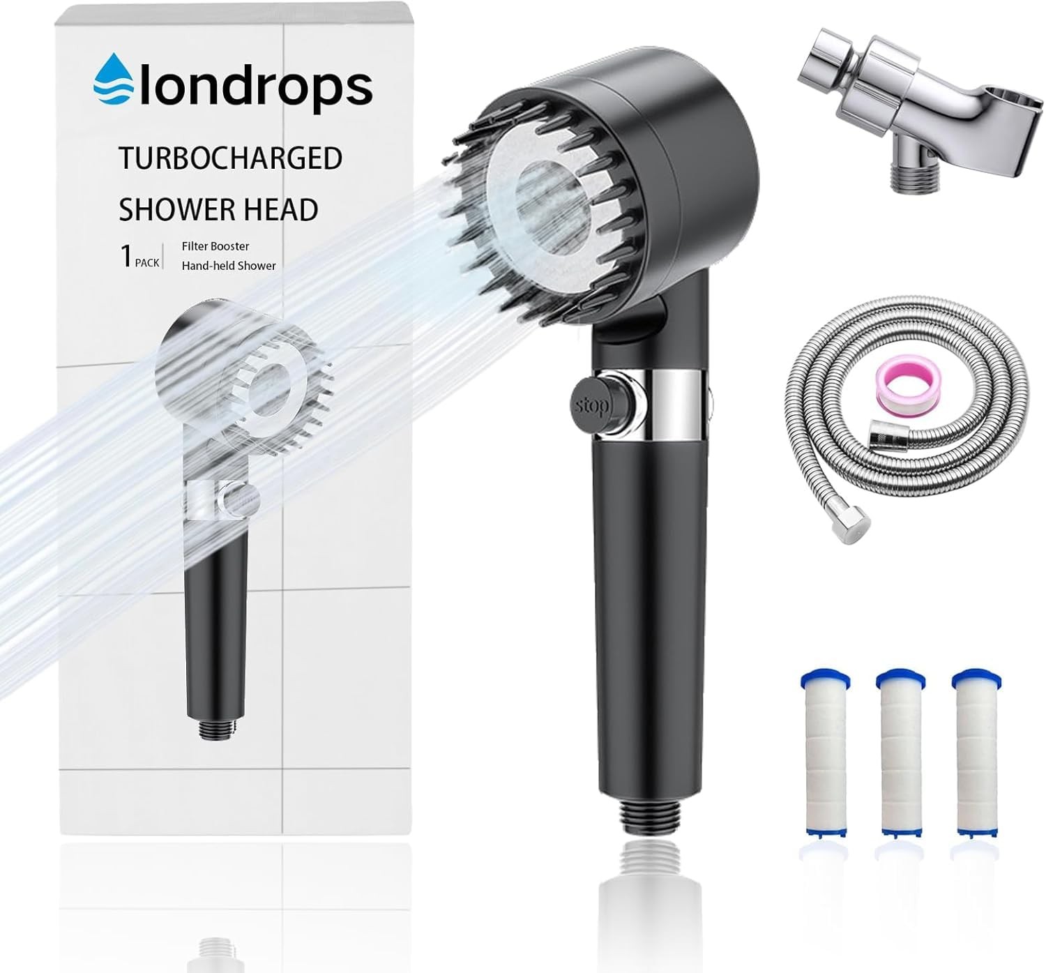Iondrops Filtered Showerhead High Pressure Handheld Hydrojet Nozzle Kit Gray