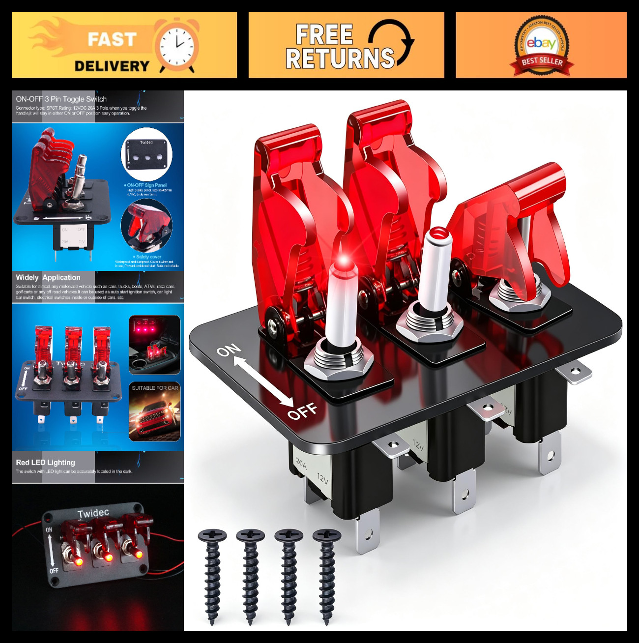 3 Gang Rocker Toggle Switch Panel with 12V LED Light, Heavy Duty Racing Car Swit