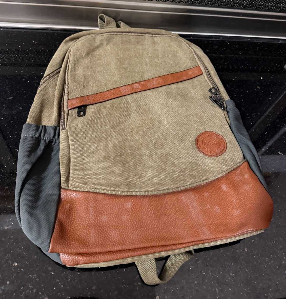Beige Canvas Hiking Backpack w/ Faux Leather Trim, Gray Pockets, Zip Closure