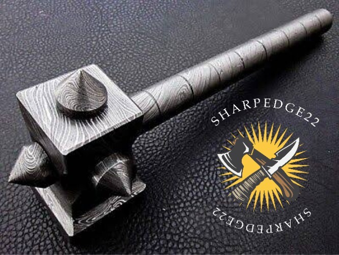"Handmade Damascus Steel War Hammer | Custom Forged Battle Hammer with Spikes