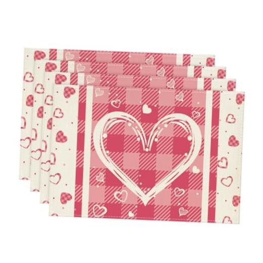 Buffalo Plaid Love Hearts Valentine 12" x 18", Rectangular 4 Pcs Pink