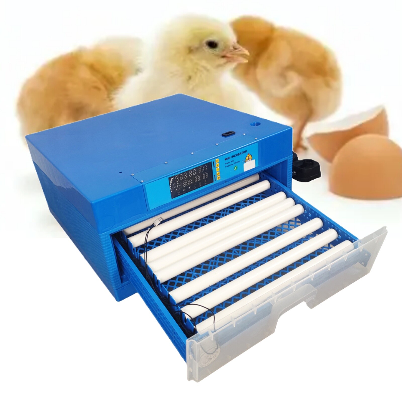 110V 64 Eggs Drawer Chick Incubator Auto Water Filling LCD T&H Dual Display