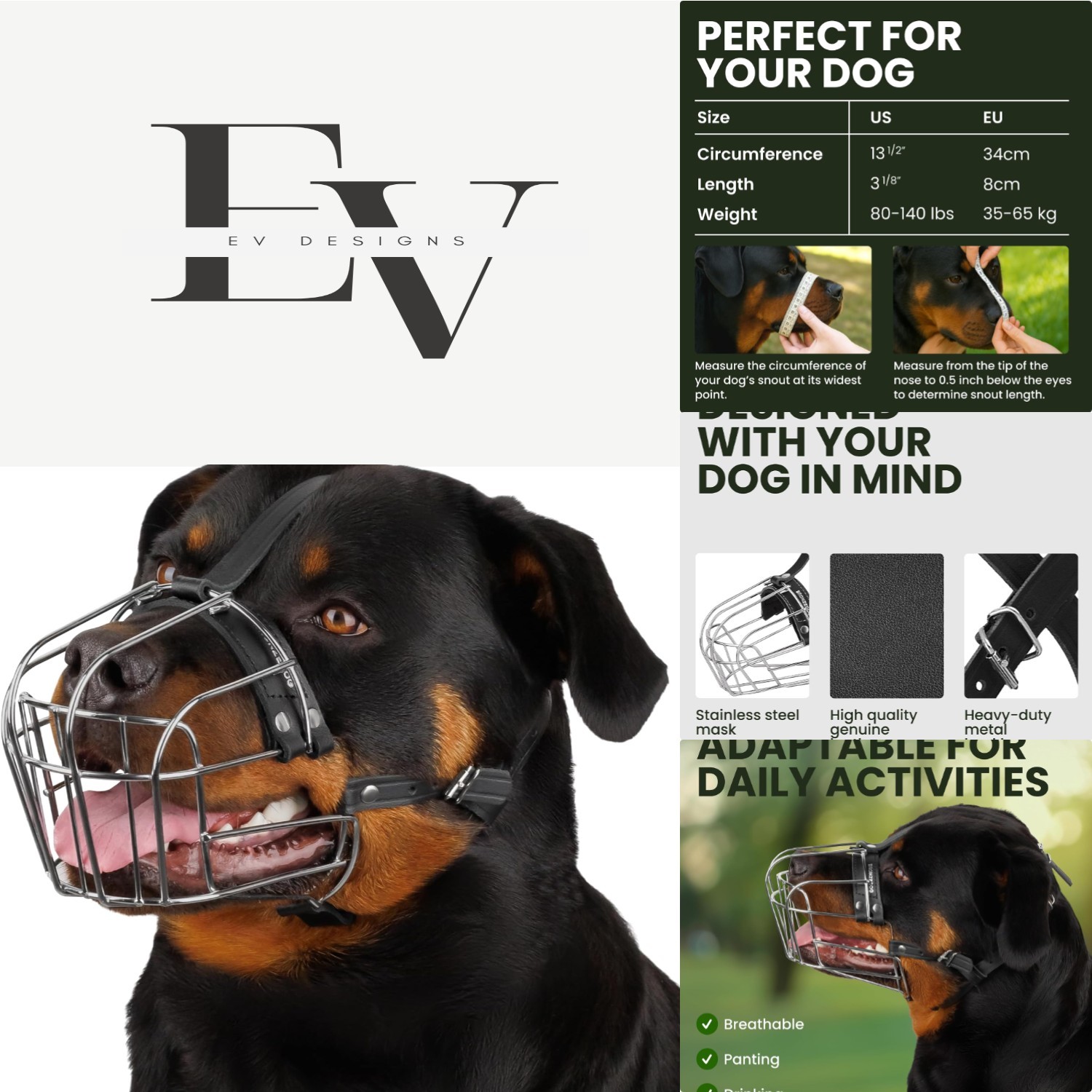 Adjustable Large Dog Muzzle with Durable Stainless Steel Basket - Comfort Fit