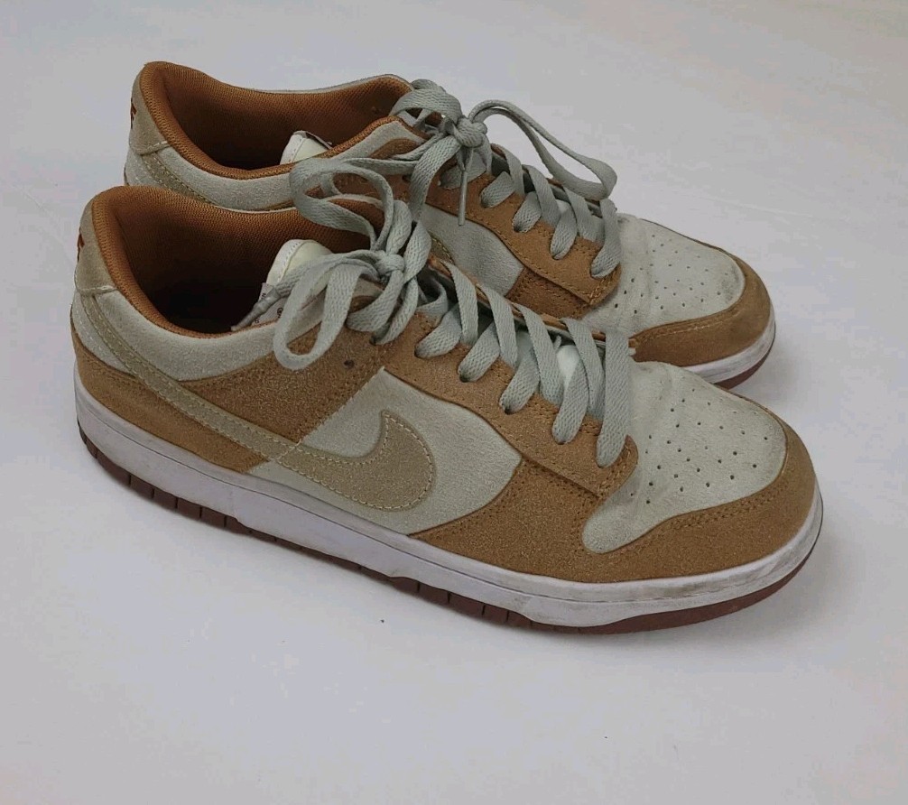 Nike Dunk Low Shoes Sneakers White Tan Swoosh Air Sport Athletic Used Worn 8.5