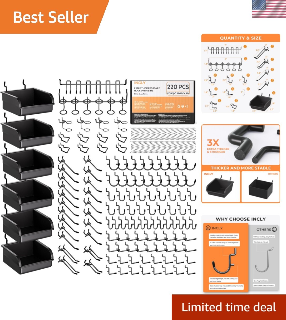220PCS Extra Thick 1/4" Pegboard Accessories Organizer Kit, Heavy Duty Black ...