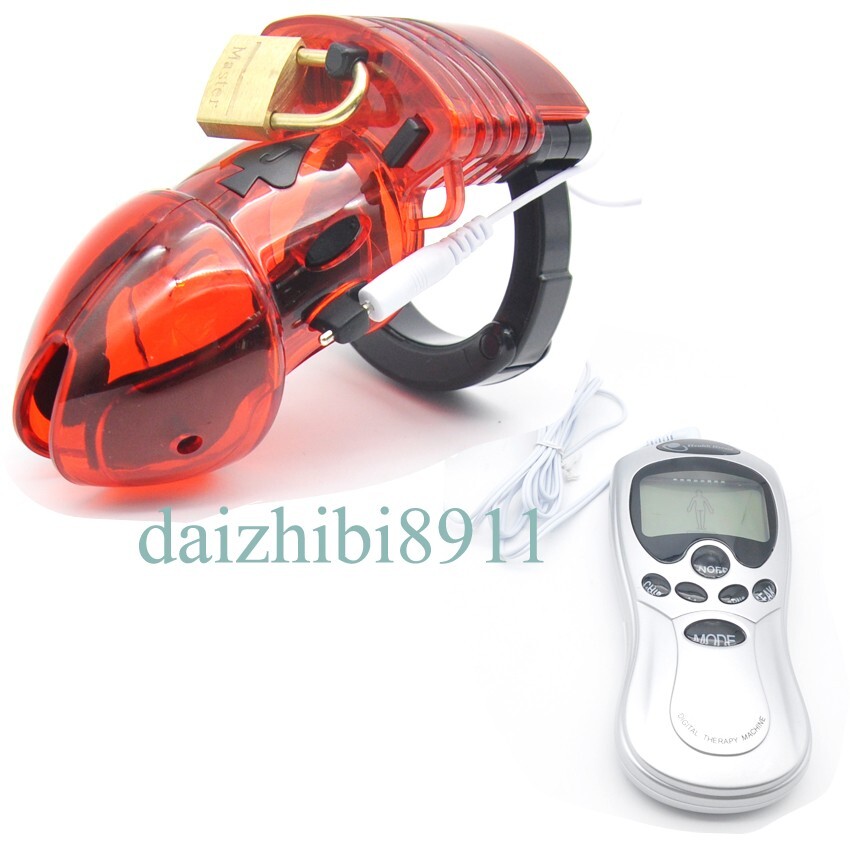 Red Electro BDSM Shock Male Chastity Device Bondage Cuff E-stim Ring Lock Cage