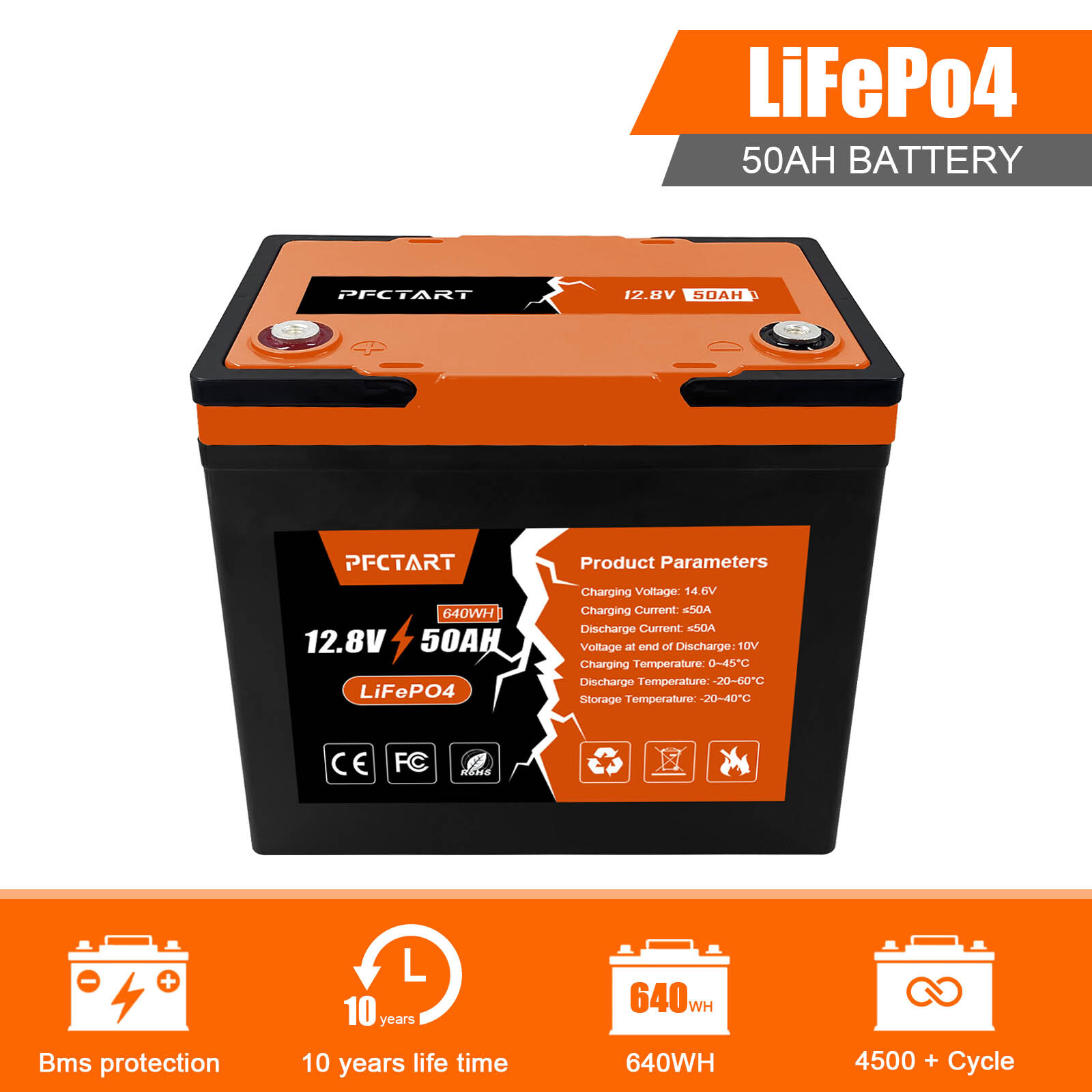 12V 50AH LiFePO4 Lithium Battery Rechargeable BMS for RV Solar Panel Off-Grid