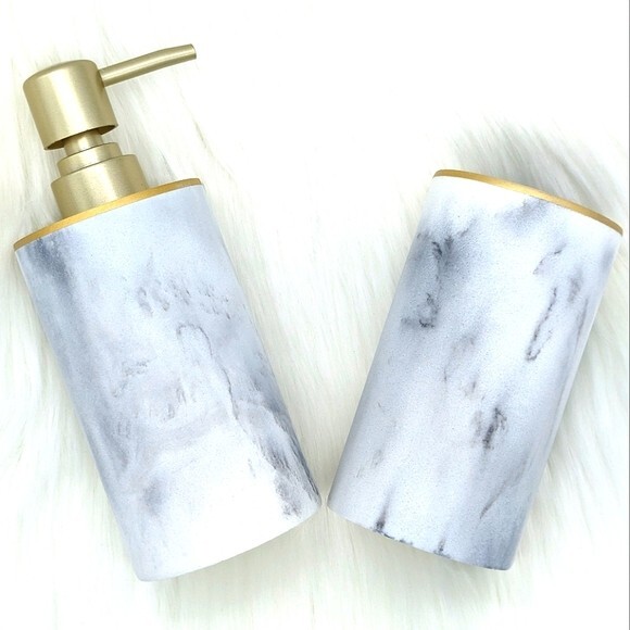 SUNDAY CITIZEN Resin Bath Set - Marbled Soap Dispenser & Toothbrush Holder - NEW
