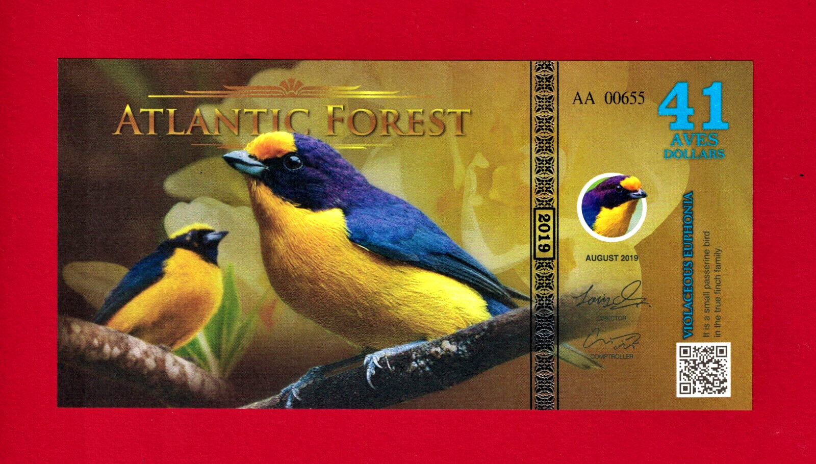 41 AVES DOLLARS 2019 ATLANTIC FOREST VIOLACEOUS EUPHONIA 3DIGITS SERIAL UNC NOTE