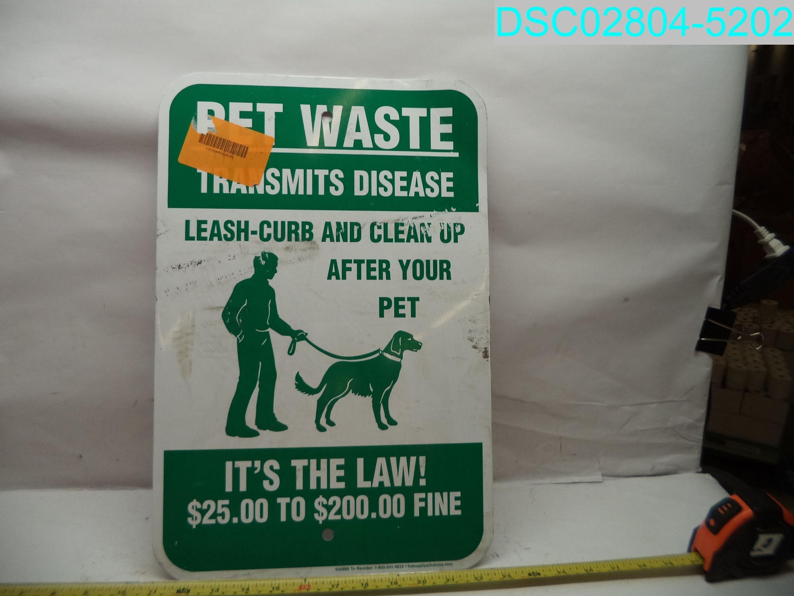 Used: HD Pet Waste It's The Law Sign Green Non-Reflective 12 X 18 655866