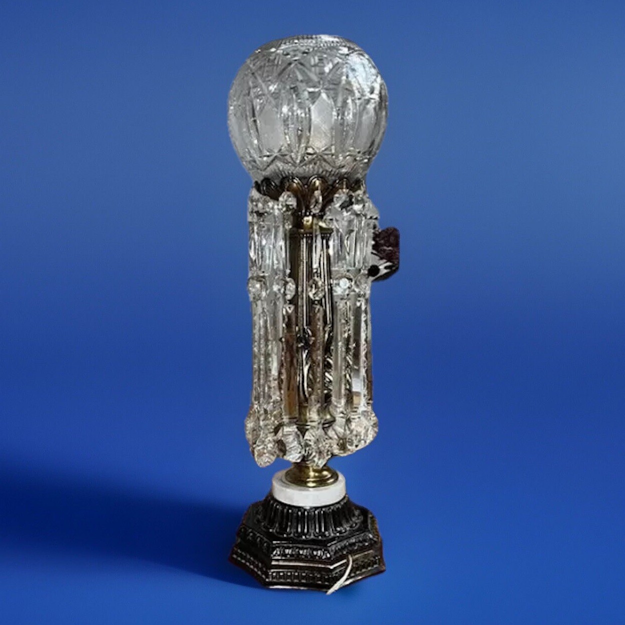 18lbs CRYSTAL CUT VICTORIAN MUSHROOM STYLE LAMP MARBLE BRASS TABLE LAMP WORKING