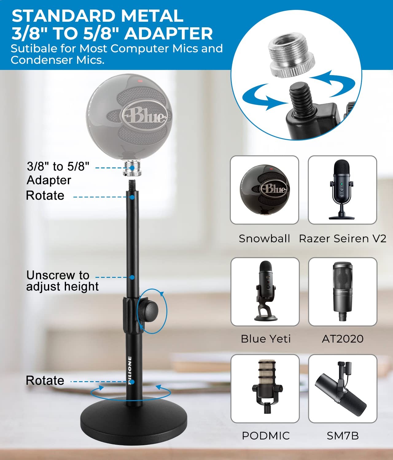 Versatile Desktop Microphone Stand, Mic Stand Kit for Desk