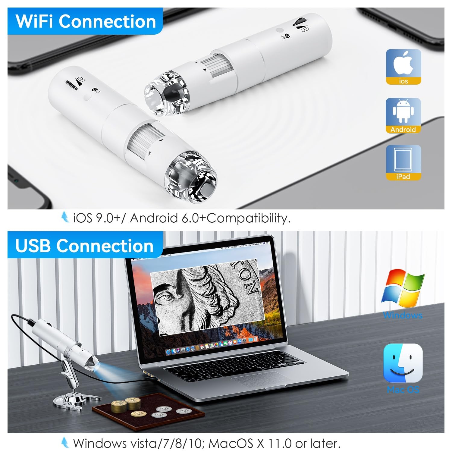 Wireless Digital Microscope, Skybasic 50X-1000X Magnification WiFi White