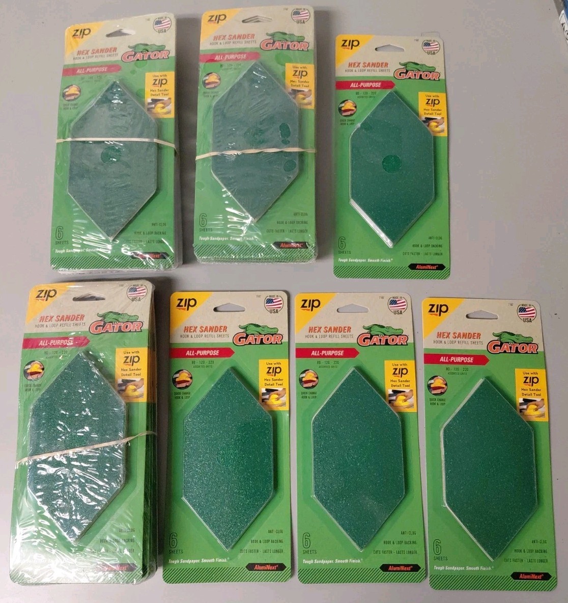 19 Packages Of 6 Sheets Of Gator Zip Hex  Assorted Sandpaper, 80 - 120 - 220grit