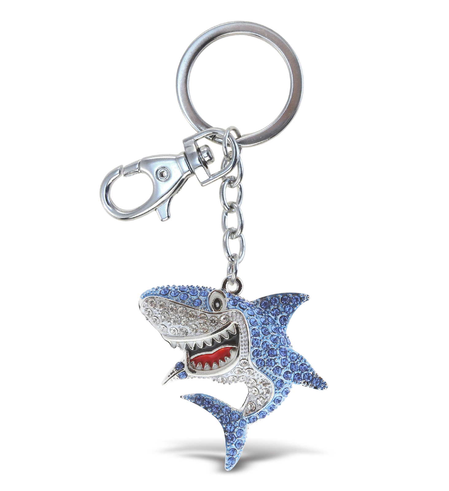 Aqua79 Shark Keychain - Silver 3D Sparkling Charm Rhinestones Alloy Key Ring