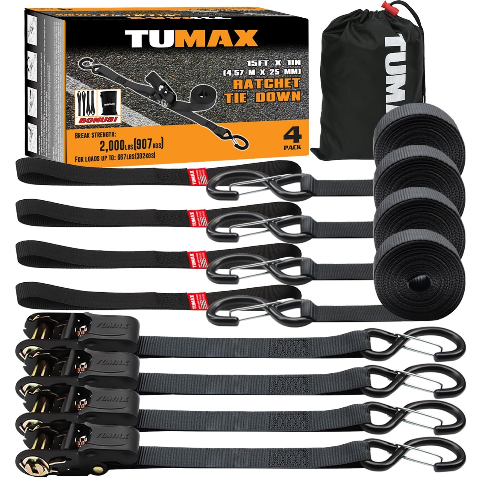4-Pack Ratchet Straps, 15 FT Heavy Duty Tie Down Straps with 2000 LBs Break S...