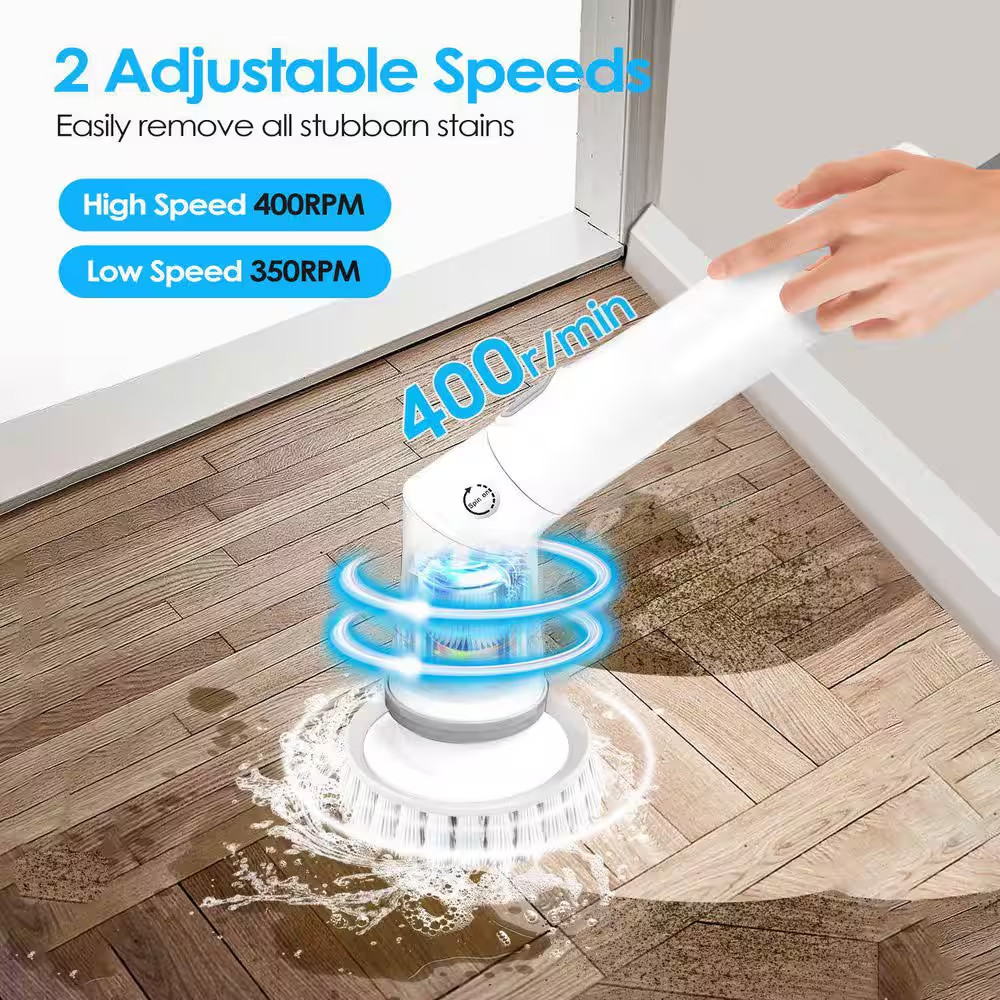 Electric Spin Scrubber, 6-Replaceable Brush Heads, 2-Speed Adjustable Extension