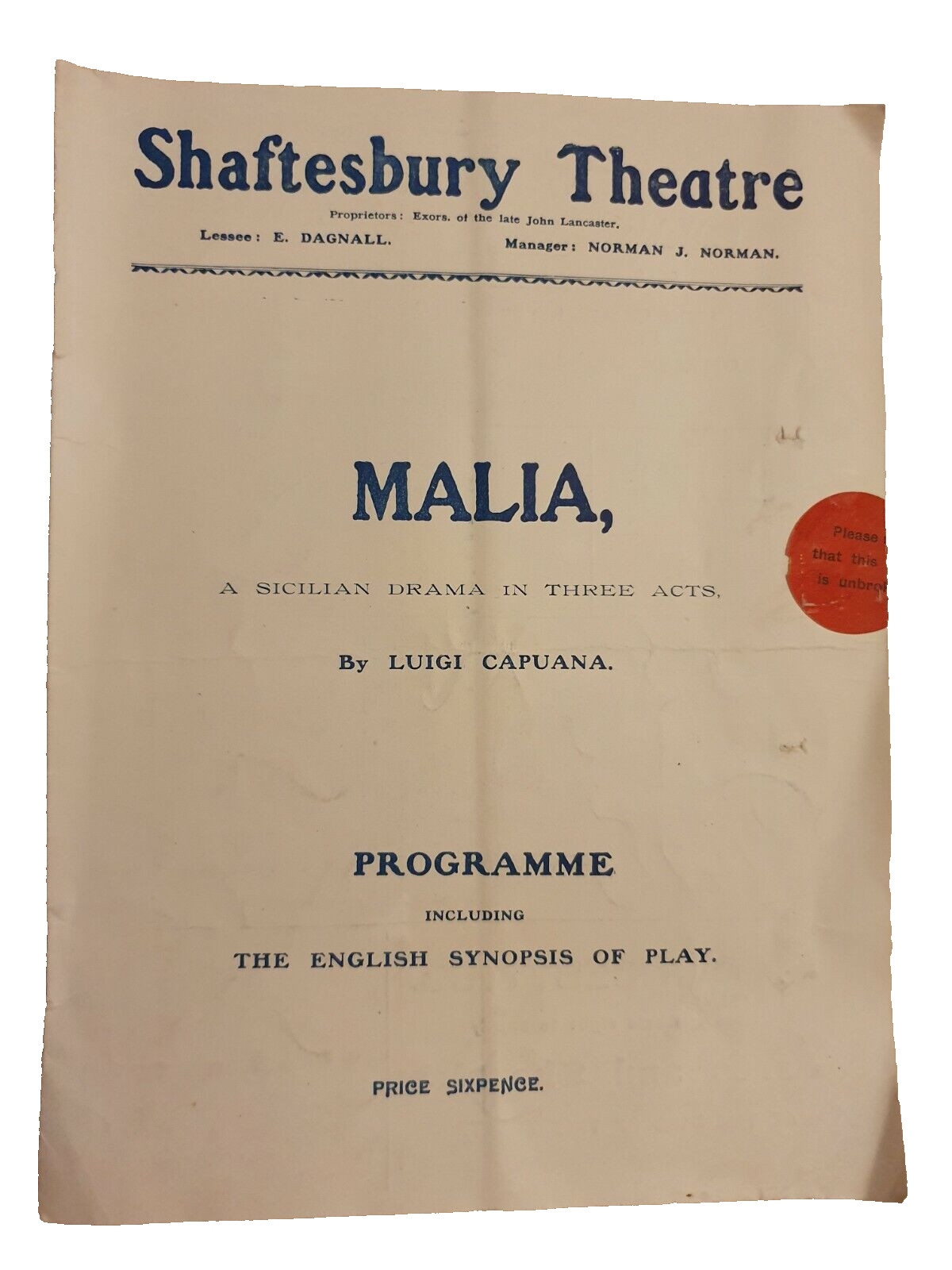 Theatre Programme Malia Mimi Aguglia Ferrau Giovanni Grasso F Cappelli P Sapuppo