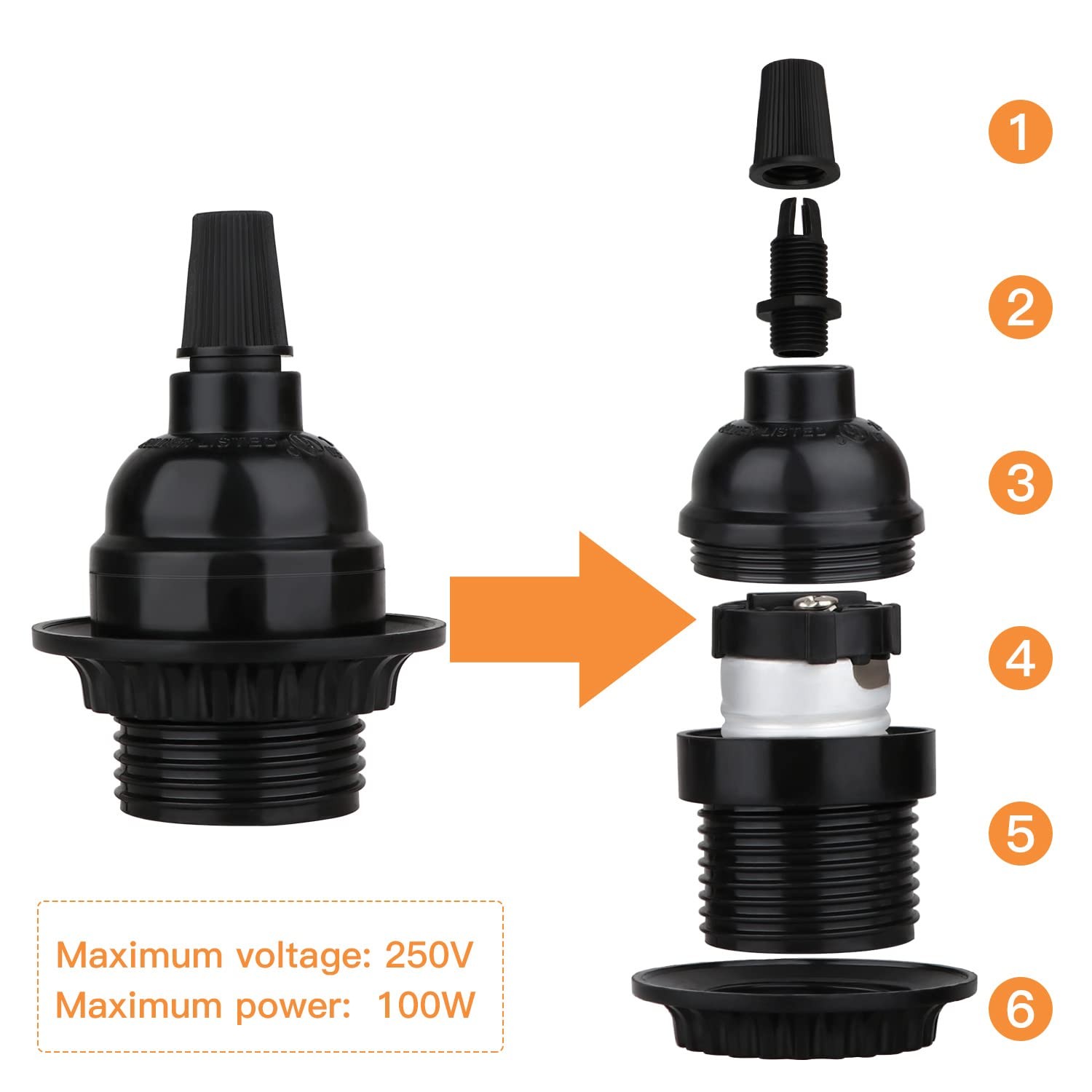 8 Pack E26 E27 Light Sockets, Black Medium Screw Base with Shade Ring, Retro Per