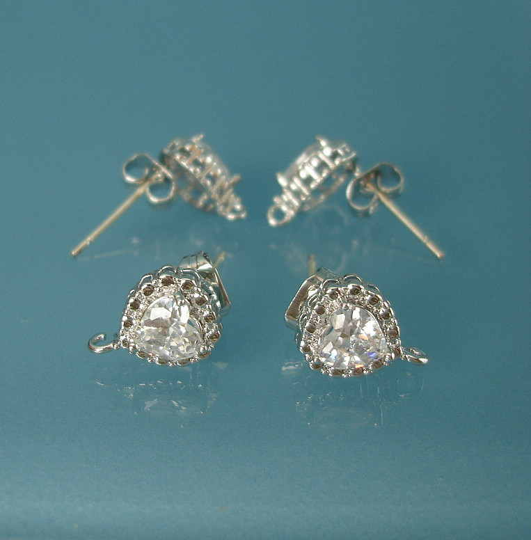 Heart Crystal Cubic Zirconia CZ Earstud Earrings Post Findings Wedding Earrings.