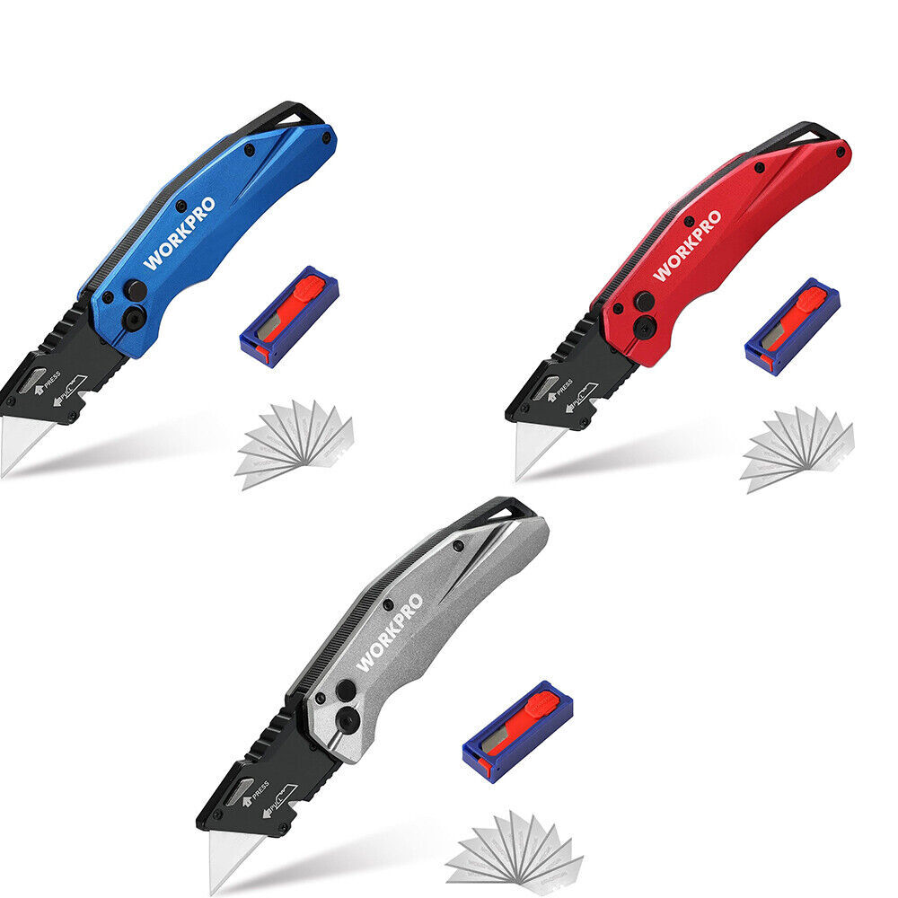 WORKPRO Folding Utility Knife Metal Quick Open Axis Lock Cutter Blue/Red/Gray US