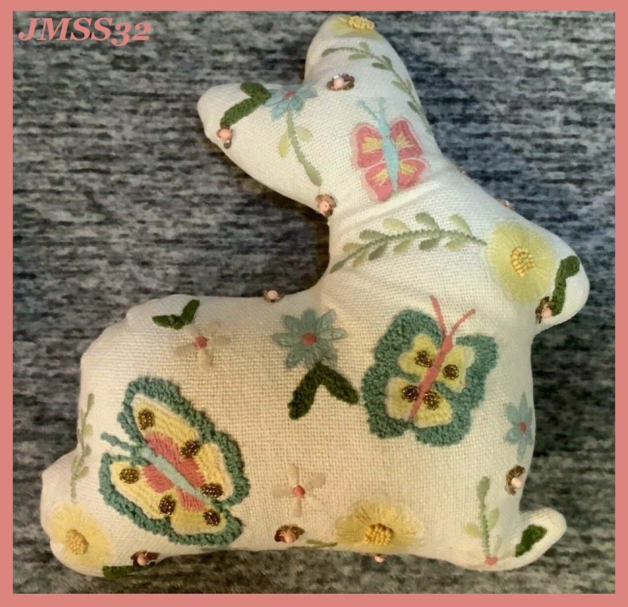 Pier 1 Imports Easter Beaded Embroidered Bunny Pillow Rabbit Flower Butterfly