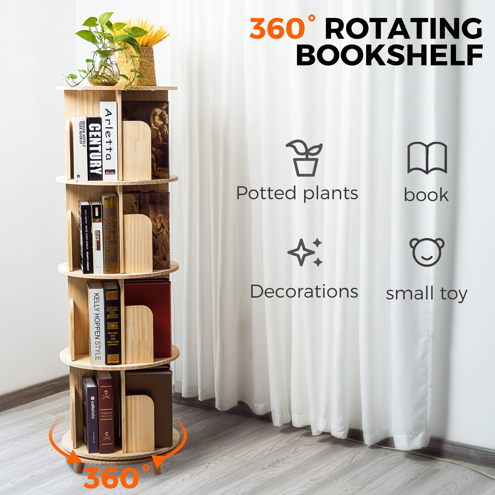 5 Tier Rotating Bookshelf Tower Spinning Bookcase Lazy Susan Round Corner Shelf