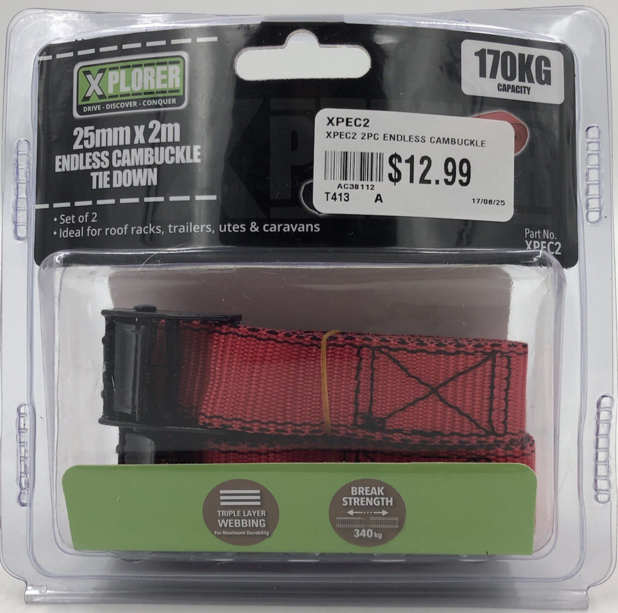 XPLORER 2 Piece Endless Cambuckle Tie Down Straps 25mm x 2m 340kg Break Strength