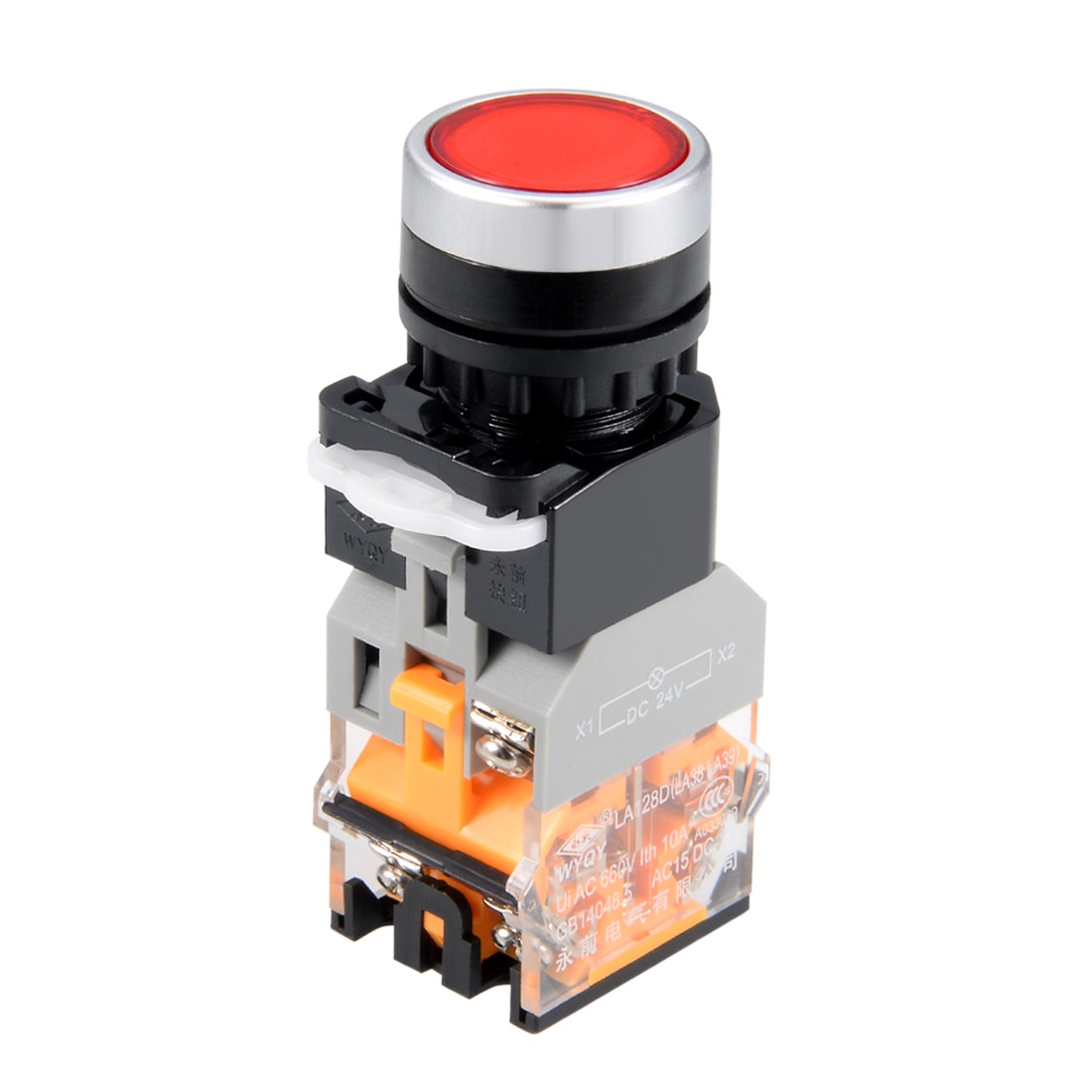 22mm Momentary Push Button Switch Red LED Light Round Button DPST 1 NO 1 NC 24V