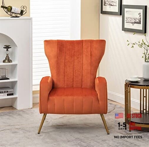 Modern Velvet Accent Chair, Channel Tufted Bedroom, Office or Orange Red